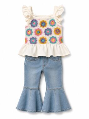 Little Girls Crochet Peplum Tank with Blue Denim Flared Jeans